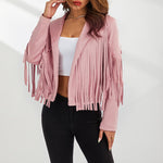 Women Spring Autumn Slim Long Sleeve Open Front Coat Solid Color Collared Jacket with Tassels Black/ Coffee/ Pink