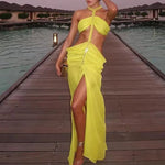 2025 women's backless sexy beach vacation dress with suspender collar pleated metal chain, new elegant vacation dress design