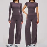 Yoga Set 2 Pieces Women Fitness Sportswear Gym Loose wide-leg pants Long-sleeved T-shirt Sports Crop Tops Tracksuit Workout Wear