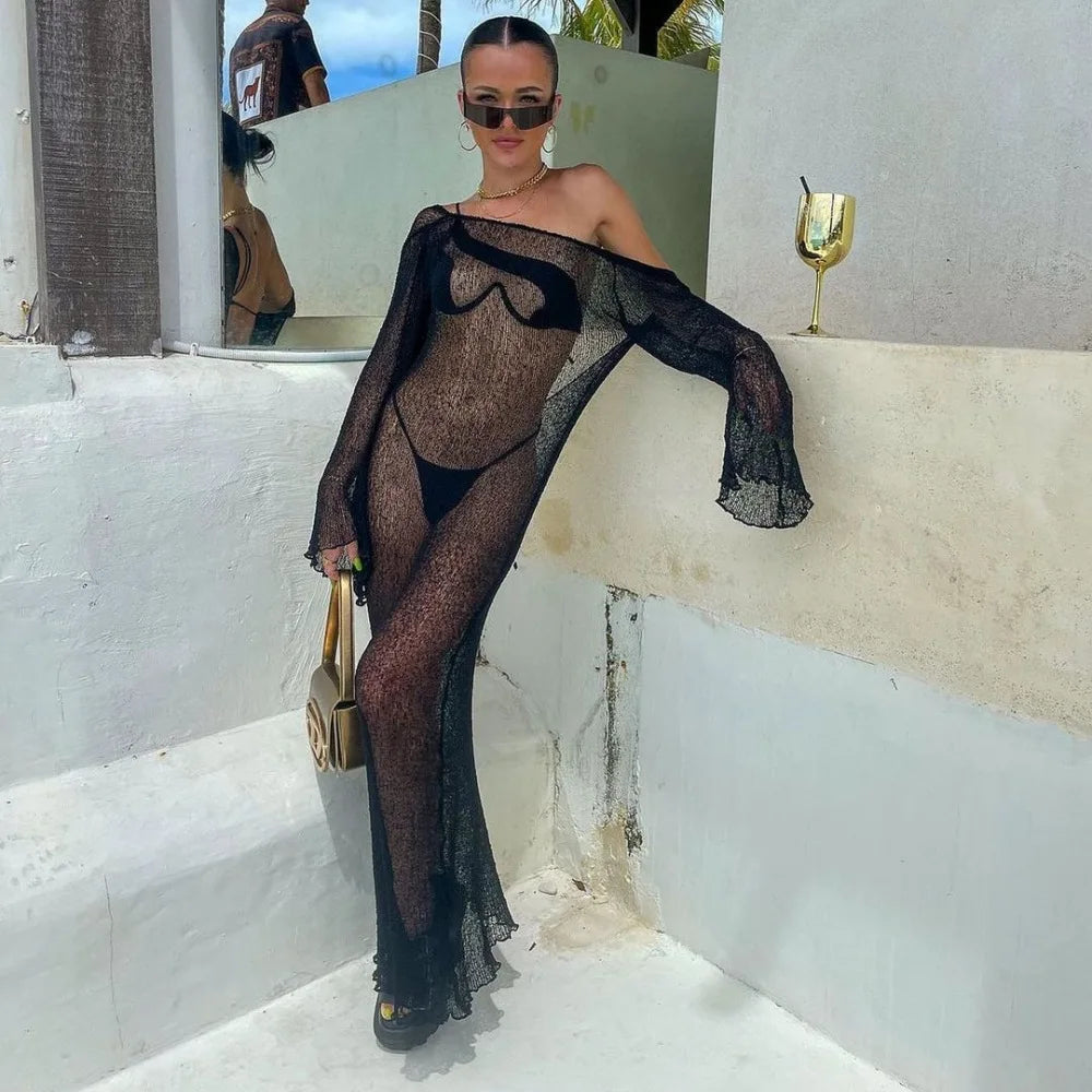 Women Beach Tunic Sexy See-through Beach Dress Summer Beach Cover Up 2024 Women's Beachwear