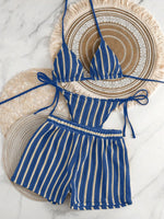 New Retro 3 Pieces Knitted Mesh String Bikini Set Swimsuit Women Blue Striped Swimwear with Shorts Beach Wear Boho Bathing Suit