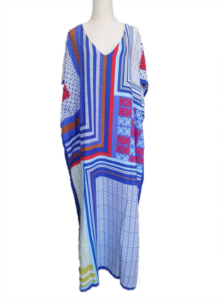 2025 Loose Boho Style Maxi Dress Print Face Swim Suit Cover-up Bohemian Dress Robe Plage Kaftan Maxi Dress Beach Wear Tunics