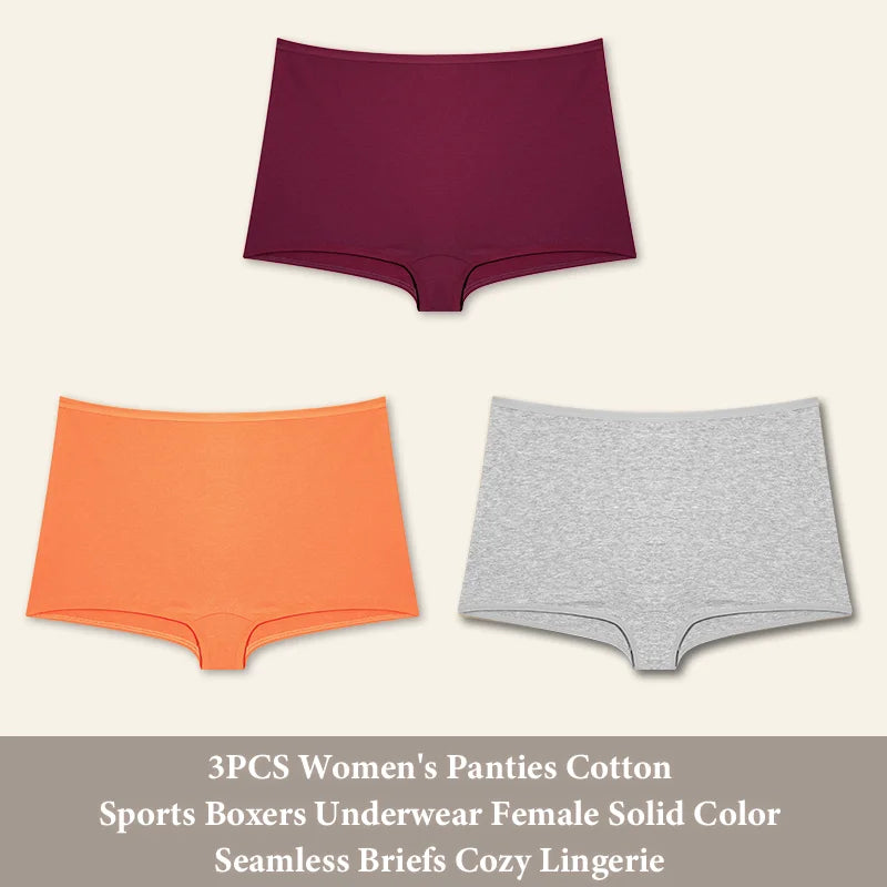 3PCS Women'sCotton Seamless Panties Sports Boxers Underwear Female Solid Color Briefs Cozy Lingerie Intimate Underpants XS-XL