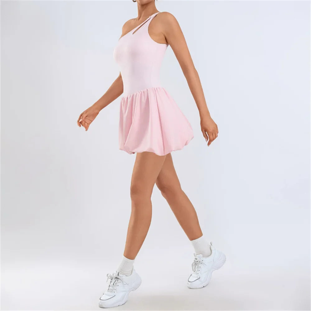 Pad Womens One Shoulder Strap Yoga Set Tennis Dress Built-in Bra Anti Shorts Athletic Golf Workout Dress SkortsXP168