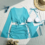 Beige Mesh Halter String Triangle Micro Thong Bikinis Sets 4 Pieces Long Sleeve Cover Ups Sexy Swimsuit Women Holiday Swimwear