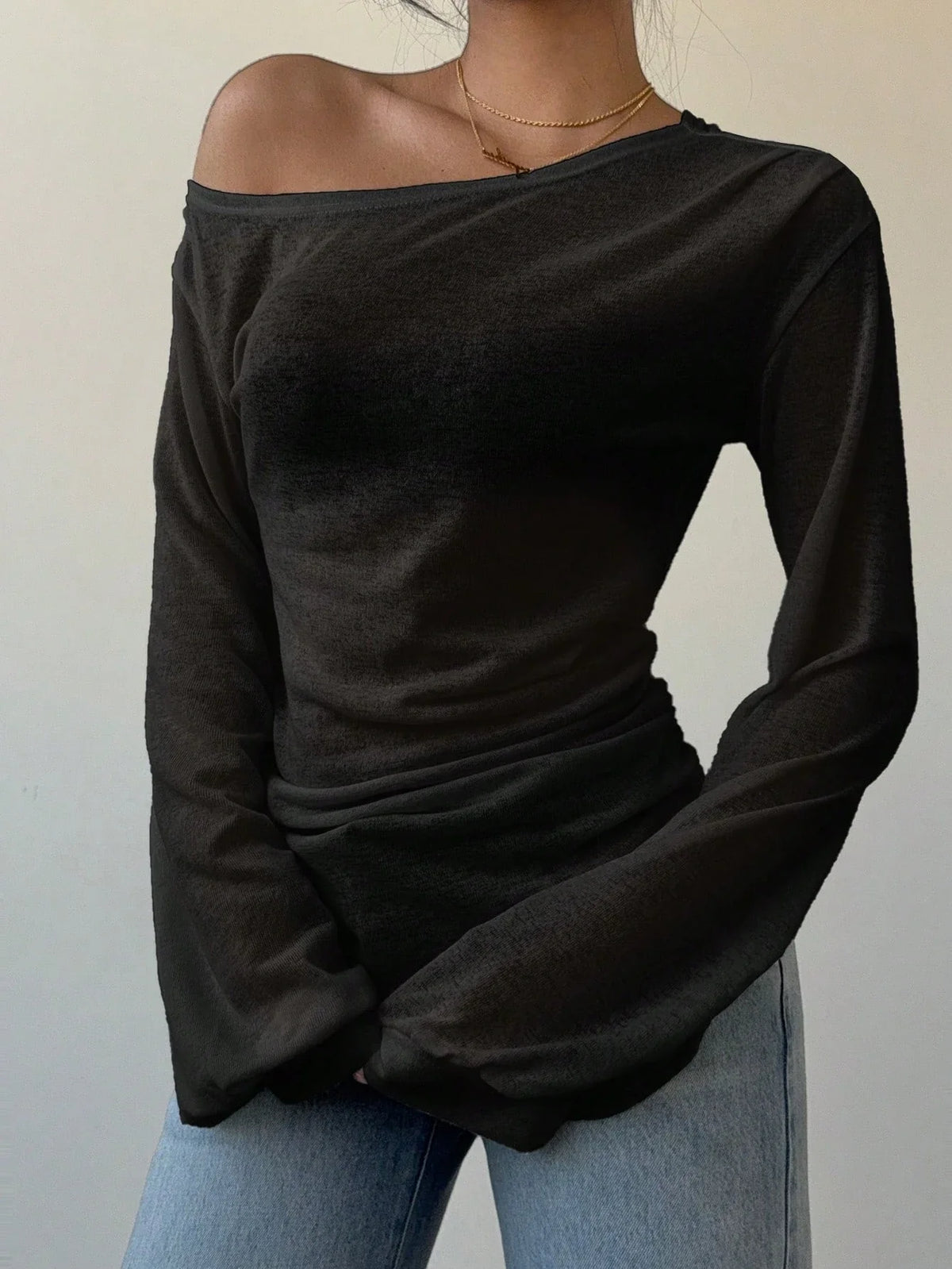 Women's Casual Solid Color Slope Collar Long Sleeved T-Shirt Loose Slouchy Style See-Through Off The Shoulder Top