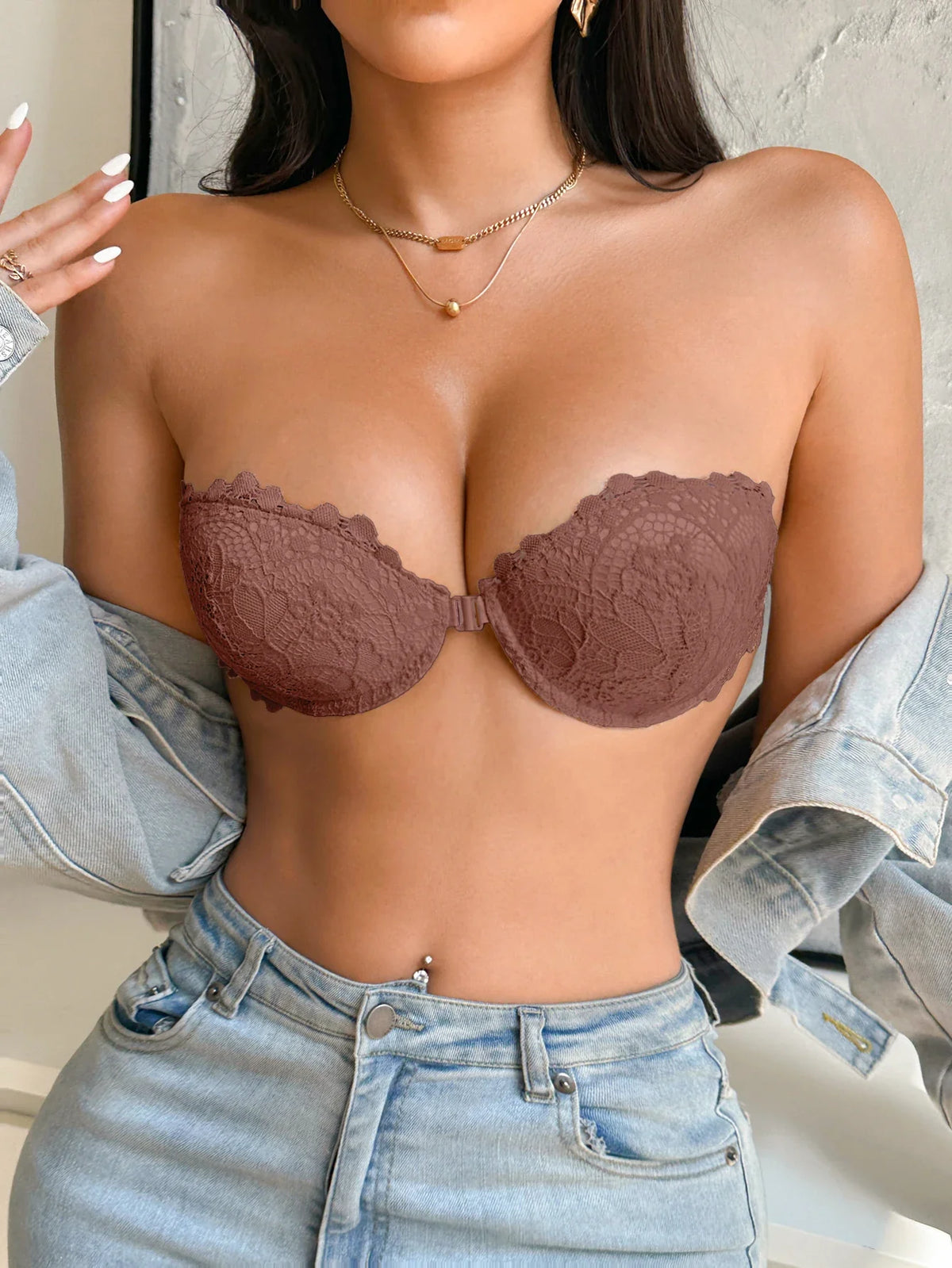 Lace Strapless Women Bra Sexy Front Clasp Push Up Bra Invisible Non-Slip Fashion Lace Bra Women