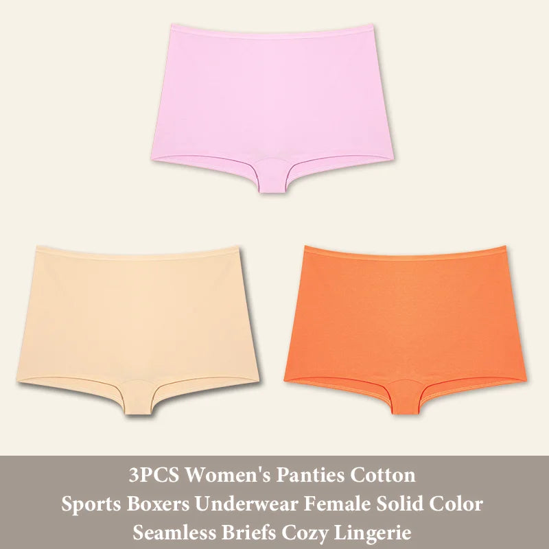 3PCS Women's Panties Cotton Seamless Sports Boxers Underwear Female Solid Color Briefs Cozy Lingerie Intimate Underpants XS-XL