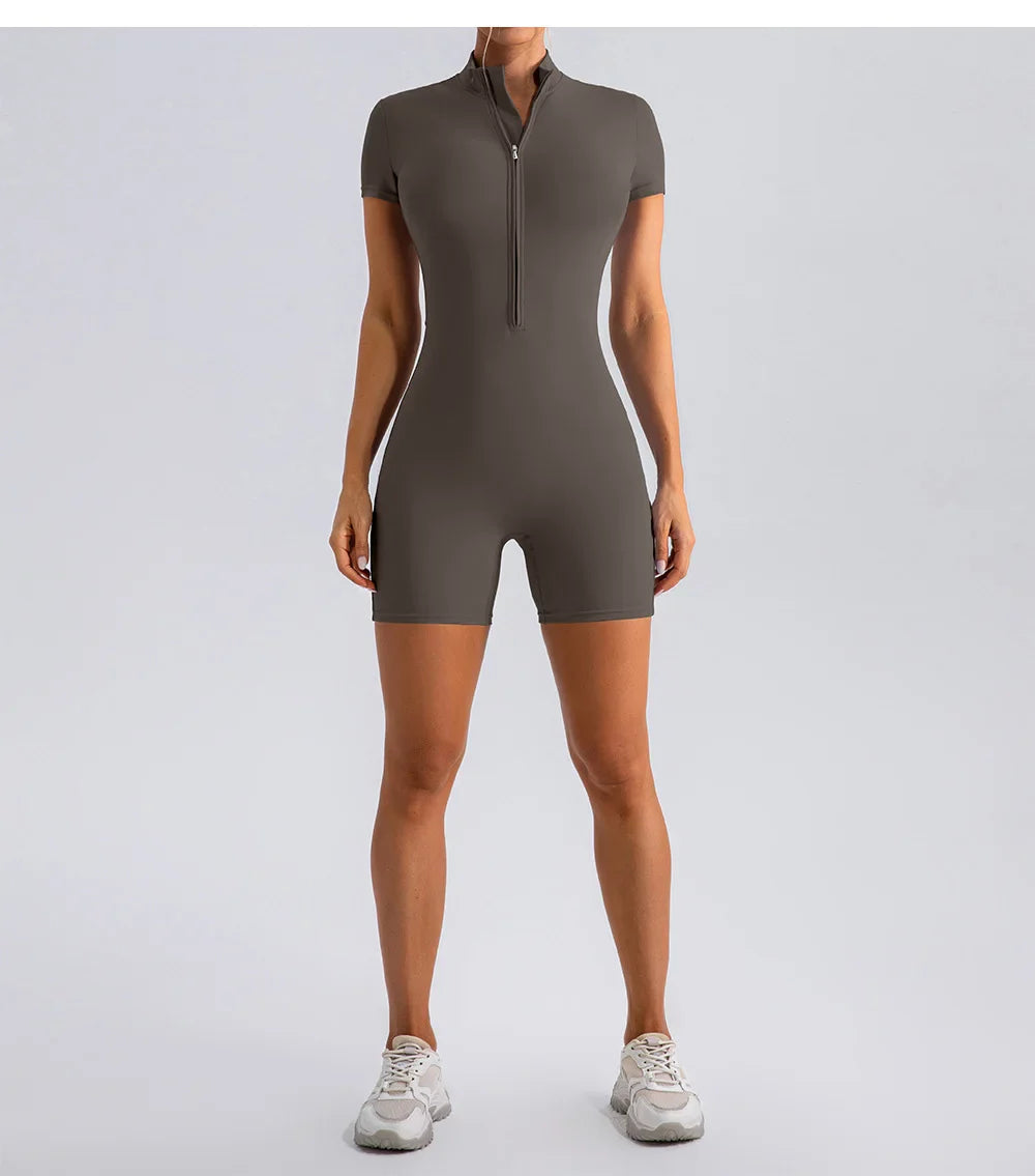 Yoga Jumpsuit Fashion Zipper Dance Short Playsuit Women Romper Short Sleeve Gym Fitness Overalls One Piece Sports Suit Unitard