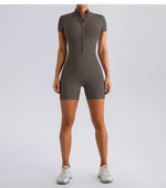 Yoga Jumpsuit Fashion Zipper Dance Short Playsuit Women Romper Short Sleeve Gym Fitness Overalls One Piece Sports Suit Unitard
