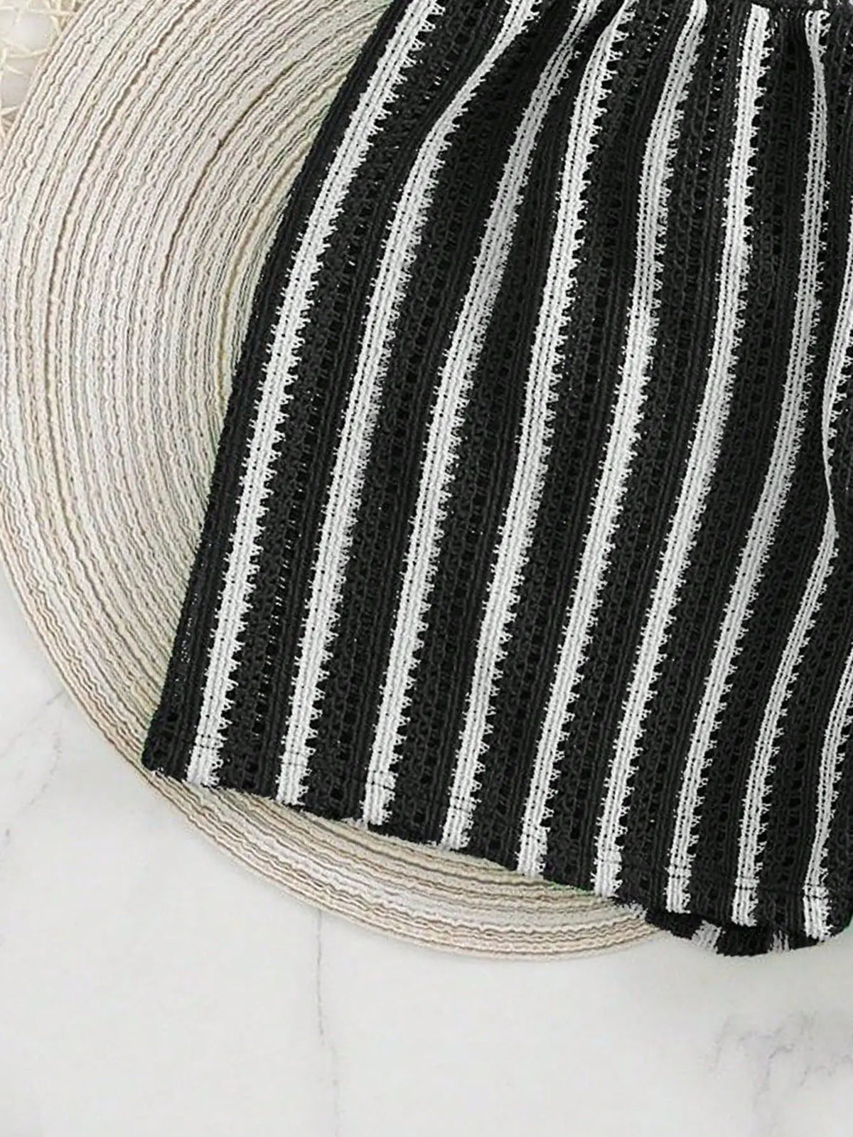 New Retro 3 Pieces Knitted Mesh String Bikini Set Swimsuit Women Blue Striped Swimwear with Shorts Beach Wear Boho Bathing Suit