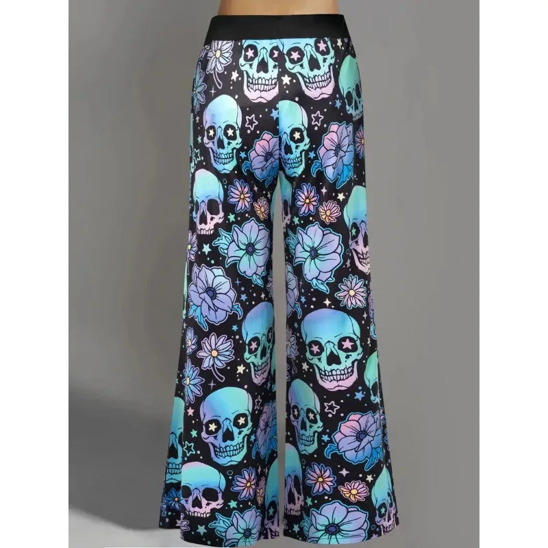 Hallowmas Skull Flower Print Pants Woman 2025 Plus Size Elastic Waist Wide Leg Pant Casual Large Full-length Trousers