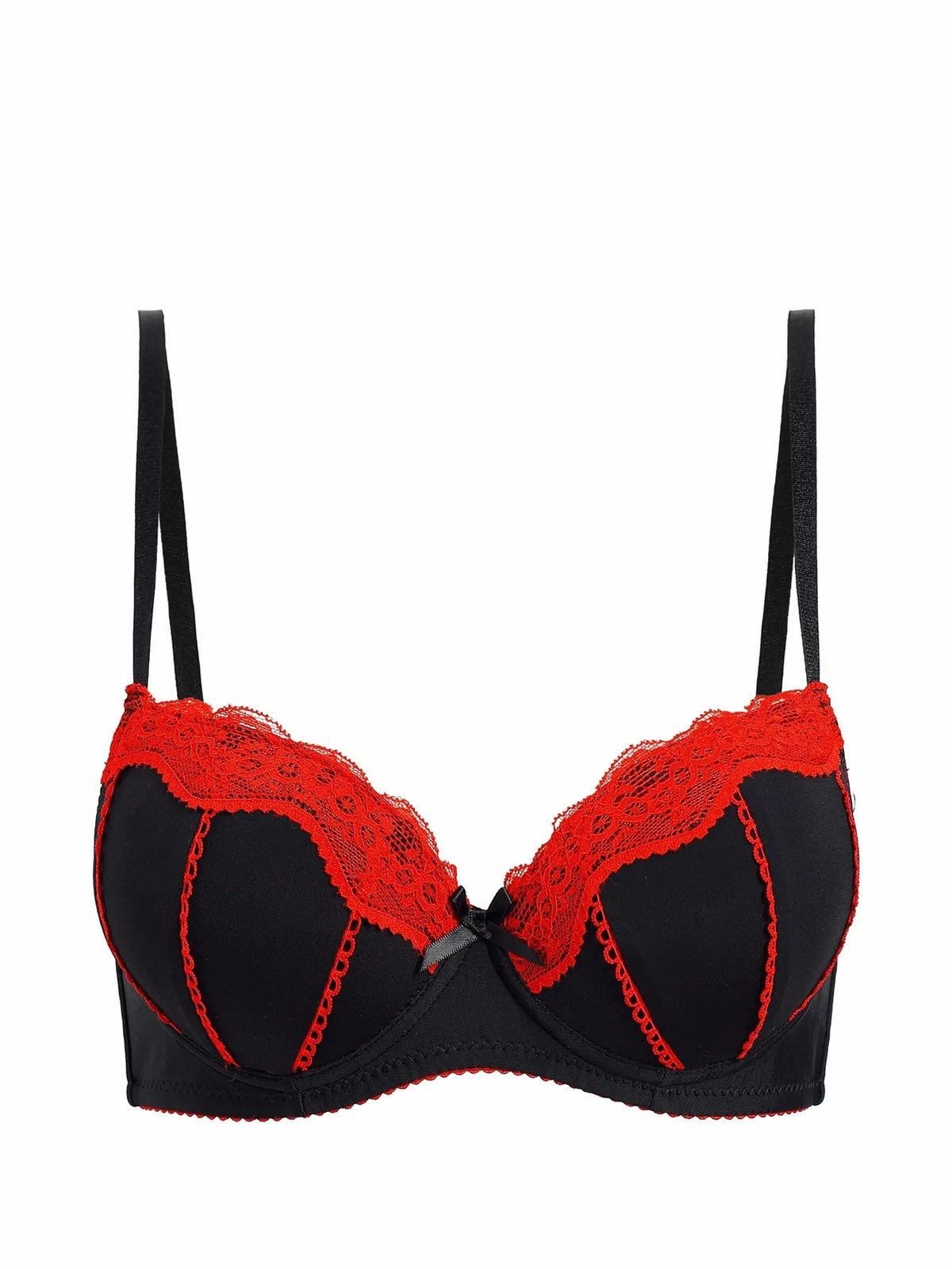 Women's Sexy Contrast Color Lace Push Up Bra Underwire Adjustable Straps Red Lace Trim Comfortable Lingerie