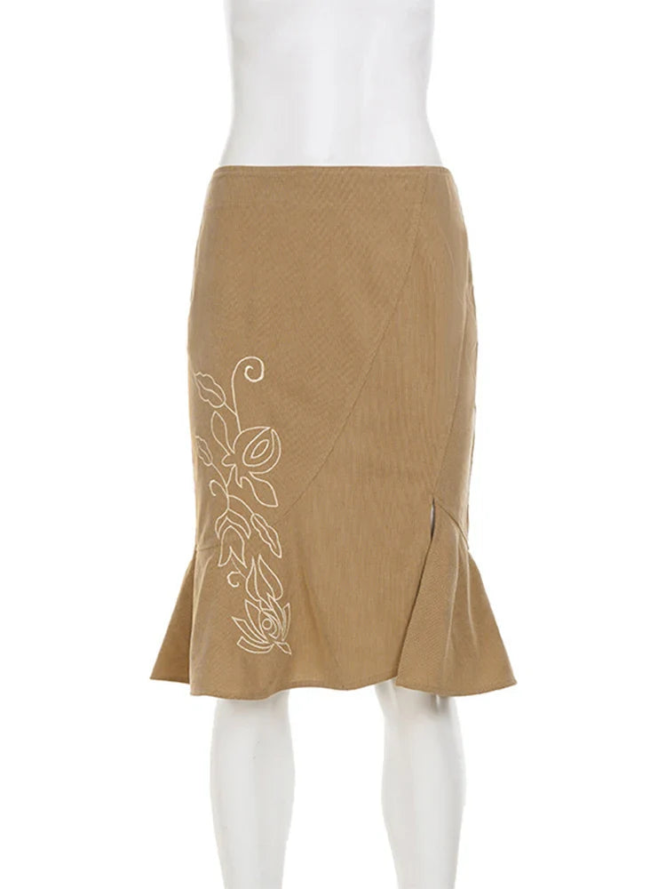 Trendix Women's Vintage Midi Skirt 2026 Summer High Waist Slim Ruffle Fishtail Skirts Party Side Slit Elegant Embroidery Skirt