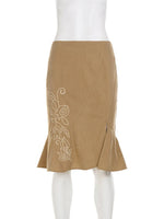 Trendix Women's Vintage Midi Skirt 2026 Summer High Waist Slim Ruffle Fishtail Skirts Party Side Slit Elegant Embroidery Skirt