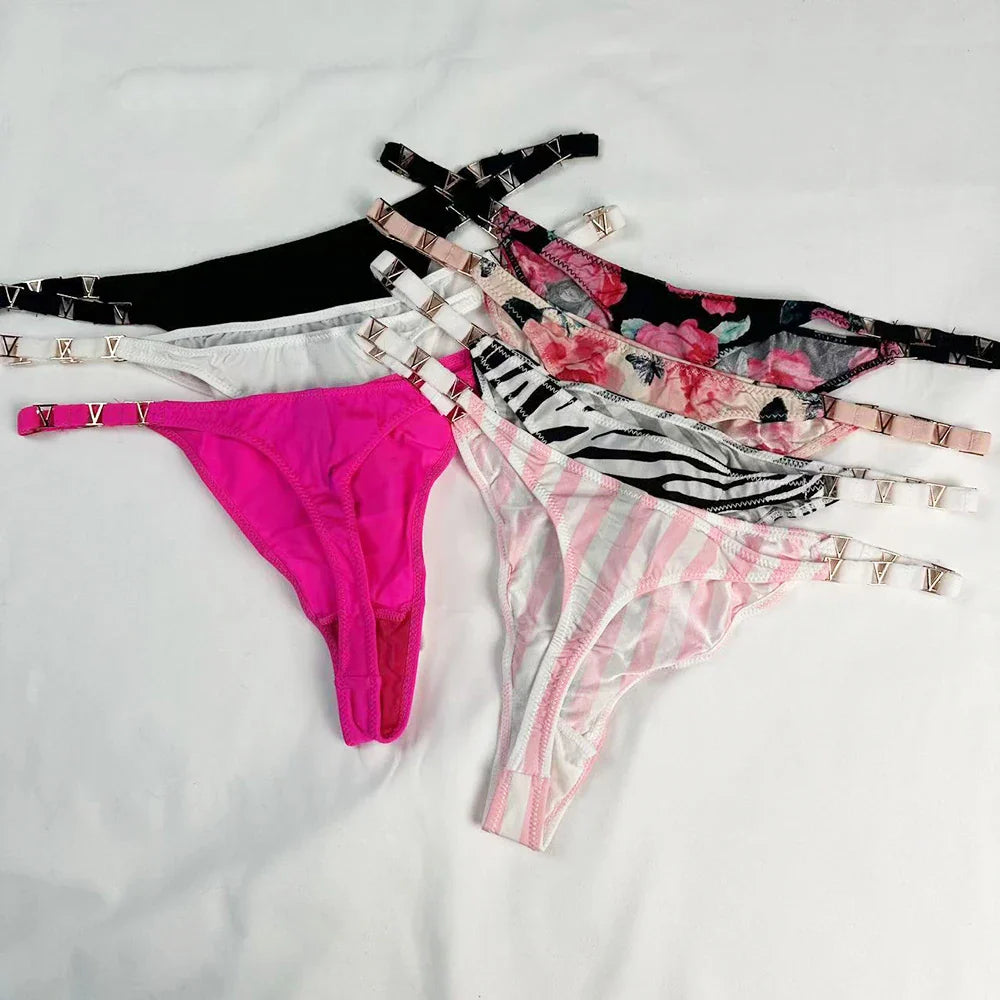 Low Rise Sexy Thong Women Underwear Briefs Seamless Panties Zebra Flower Luxury Metal Buckle G String Bikini Girls Female Panty