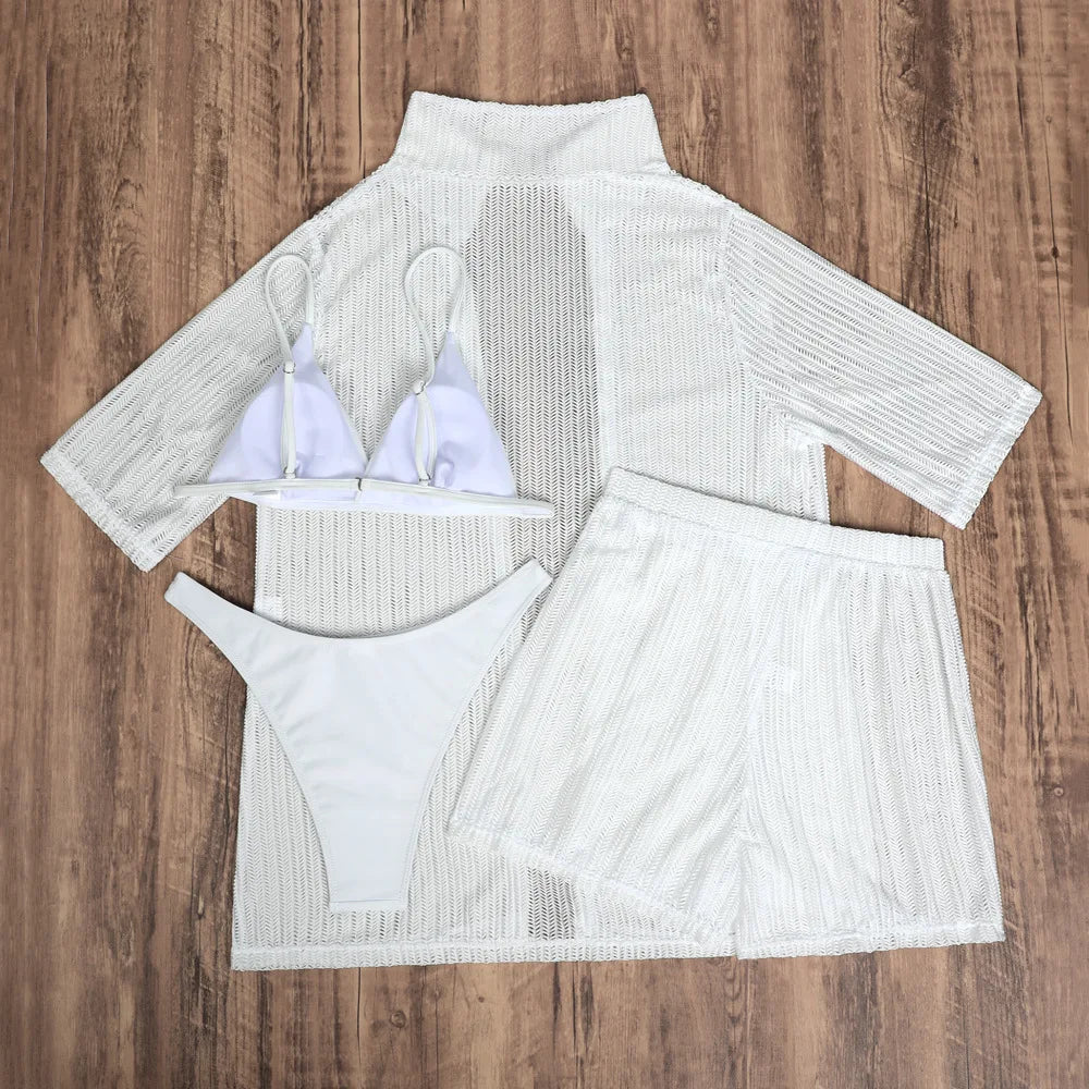 Summer 4 Piece Bikinis Sets Women Black White Mesh Half Sleeve Cover Up with High Waist Panties Swimsuit Bathing Suit Swimwear