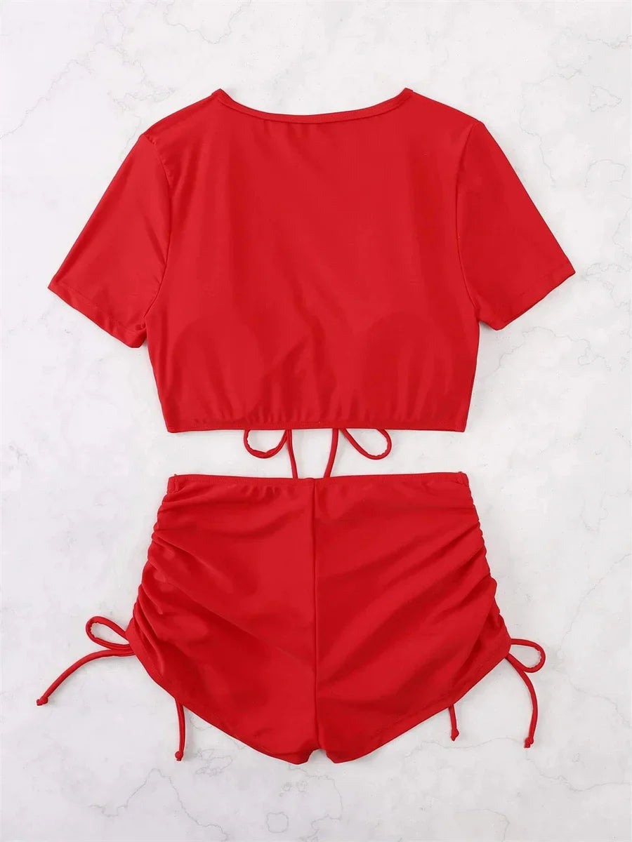 Sexy Drawstring Bikini Set 2026 Women Green Black Short Sleeve Two Piece Swimsuit Summer Bathing Suit Pleate High Waist Swimwear