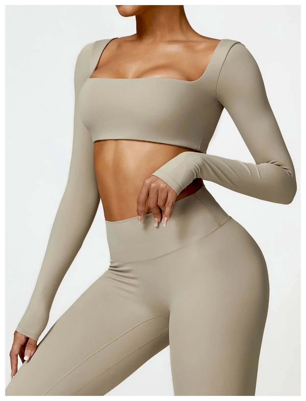 Hearuisavy Summer Casual Quick Dry Sportswear Women Square Neck Gym Top Women Fitness Sports Crop Top Long Sleeve Yoga Clothing