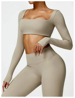 Hearuisavy Summer Casual Quick Dry Sportswear Women Square Neck Gym Top Women Fitness Sports Crop Top Long Sleeve Yoga Clothing