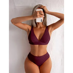2023 New Sexy V-Neck Ribbed Bikini High Waist Swimsuit Women Solid Push Up Swimwear Female Bathing Suit Bikini Set Beachwear