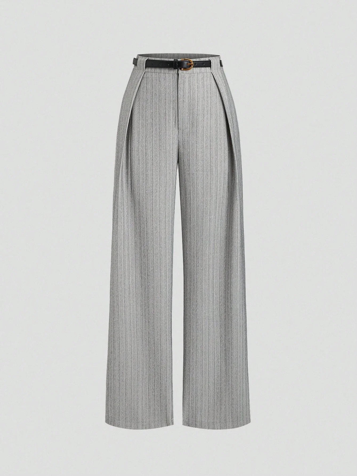Women's Elegant Grey Striped Pleated Office Lady Pants Casual Wide Leg Loose Long Trousers Spring/Fall