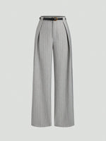 Women's Elegant Grey Striped Pleated Office Lady Pants Casual Wide Leg Loose Long Trousers Spring/Fall
