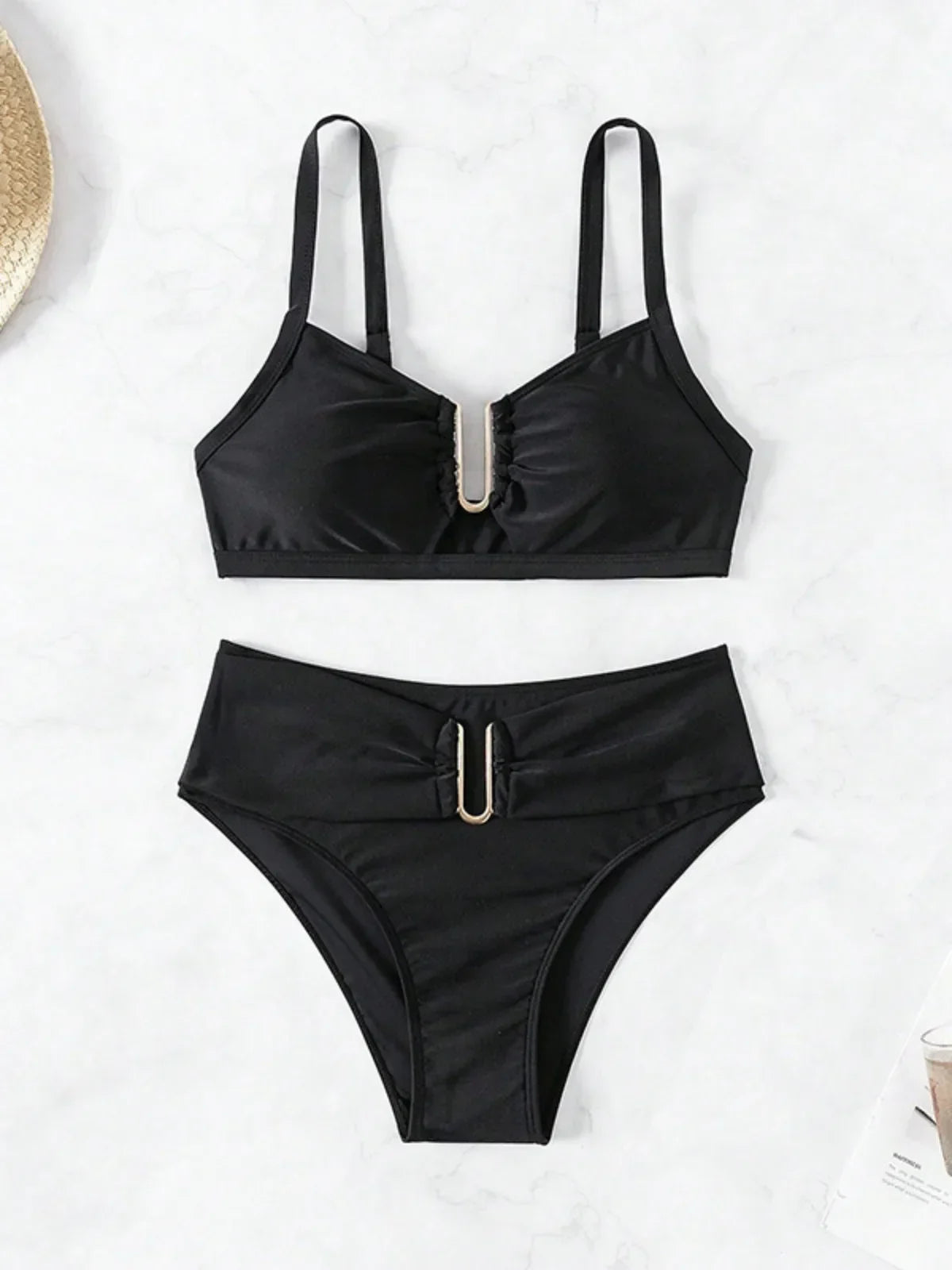 Solid Color High Waist Two Piece Swimsuit for Women U-neck Suspender Backless Bikini Set Beach Vacation Bathing Suit 2025 New