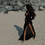 New Chiffon Tunic Beach Cover Up Cover-ups Dress Sunscreen Beachwear Womens Clothing Sexy V Neck Ruffled Long Sleeve Black White