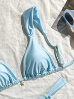 Sexy Starfish Ornament Bikini Set 2026 Women Sky Blue Pleate Push Up Bra Pleate Thong Swimwear Beach Bathing Suit Micro Swimsuit
