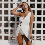 Sexy One-shoulder Asymmetric Black White Beach Dress Midi Beach Cover Up Woman Swimwear Bikini Tunic Kimono Beachwear Outfit