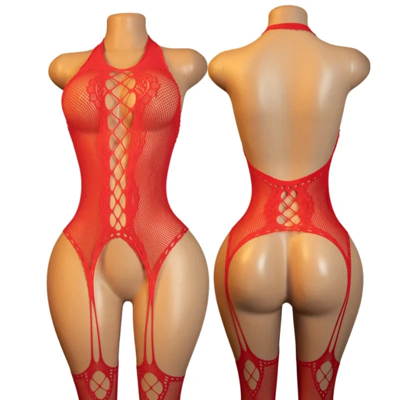 Ultra Hot Crotchless Lingerie Open Bra Erotic Costumes Transparent BodySuits Adults Hanging Neck Bodystockings Fishnet Underwear