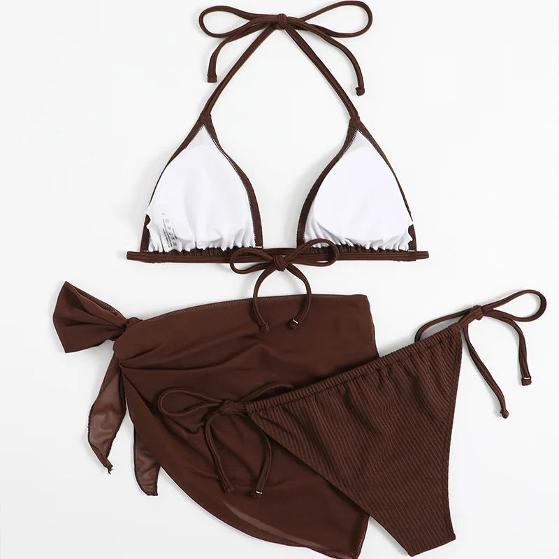 Sexy Solid Brown Bikinis Set Women Ribbed Halter Push Up Mesh Skirt Swimsuit 2024 Mujer Brazilian Bathing Suit Cover Up Swimwear