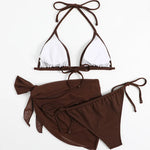 Sexy Solid Brown Bikinis Set Women Ribbed Halter Push Up Mesh Skirt Swimsuit 2024 Mujer Brazilian Bathing Suit Cover Up Swimwear