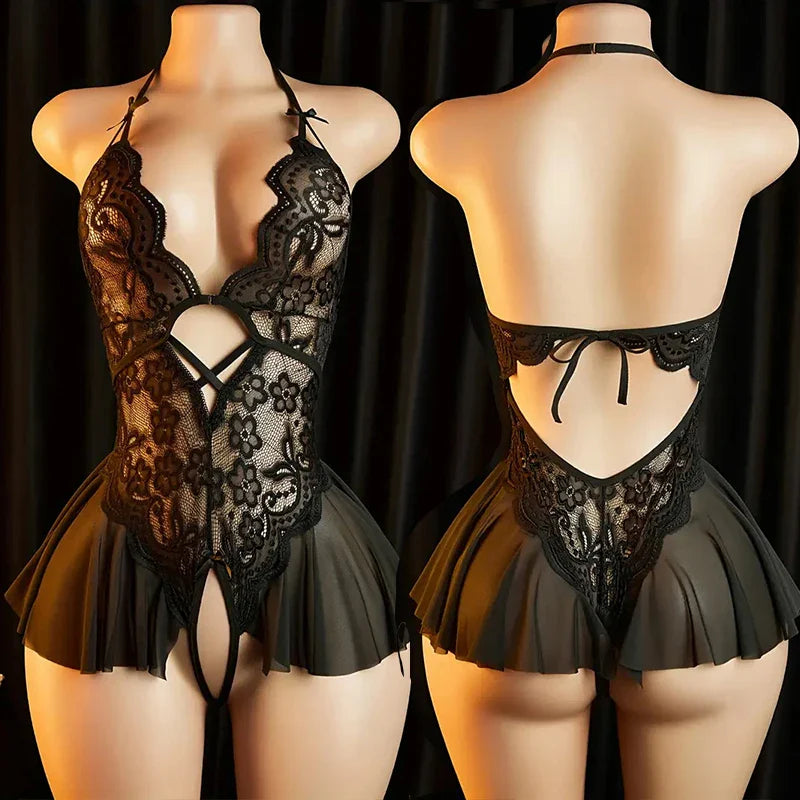 Pink Sexy Lingerie Women Hollow Open BodysuitAdult Apparel Teddy Crotchless Erotic Underwear One Piece V-neck Hot Lace Pajamas