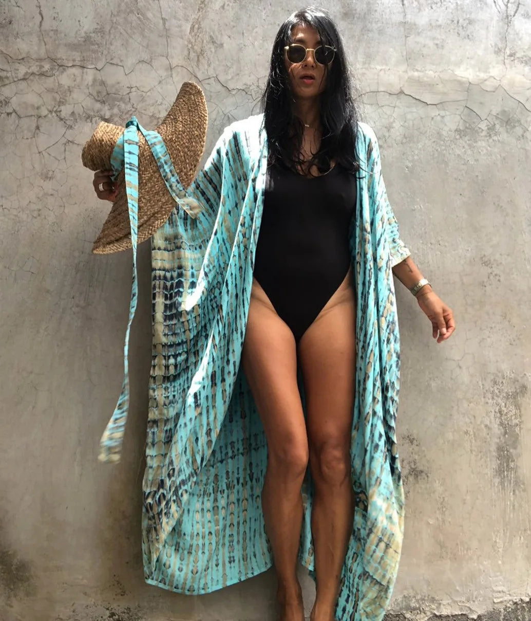 Beach Cover Ups for Swimwear Women Black Tie Dye Kimono Swimsuit Cape Summer Dress 2022 Beachwear Outfits Sales