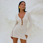 Sexy Boho Striped Chic V-neck Cut Out Bell Sleeve Knit Beach Mini Dress 2025 New Summer Women Seaside Holiday Swimsuit Cover Up