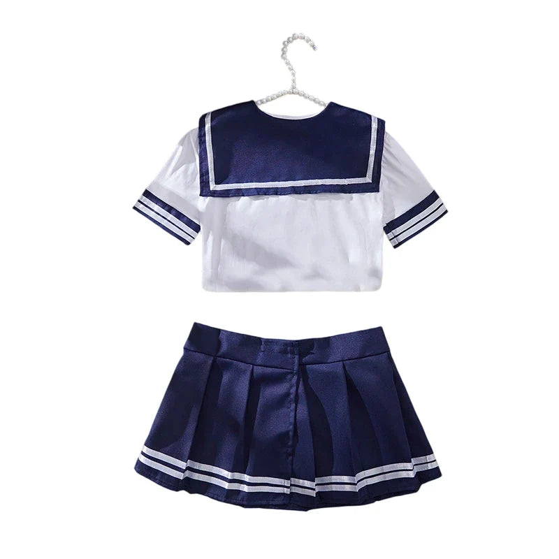 Cosplay Sexy Lingerie Set Women's 2 Piece Nightgown Student Uniform Set Short Top Crotchless Dresses Erotic Bra Nightdress