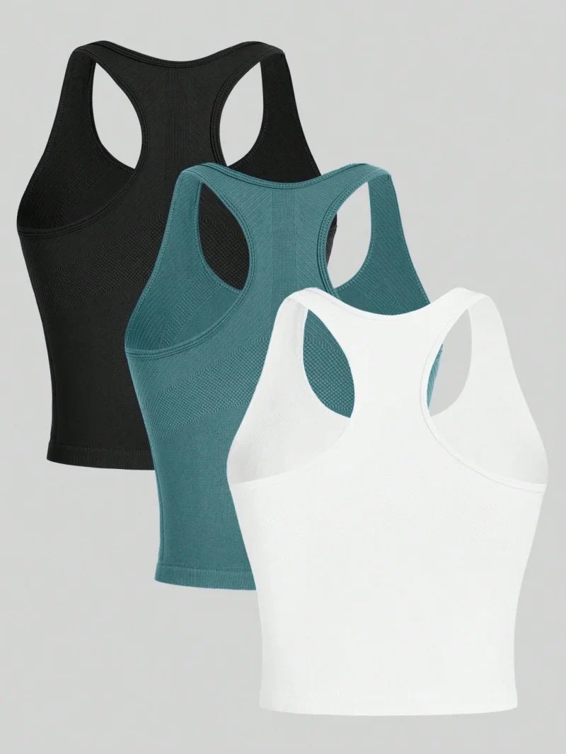 3 Piece Yoga Vest Women Gym Sports Racerback Crop Tops Seamless Streetwear Rib Knit Workout BreathableTank Top Female