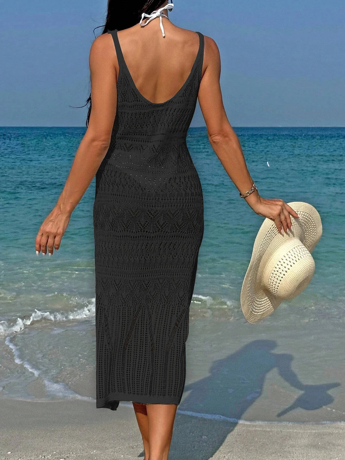 Elegant Temperament Women's Fashion Hollow Out Maxi Dress Cover up Skirt Suspender Skirt Showing Body Waistline Free Bikini