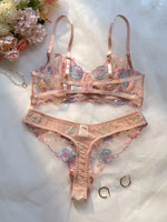 Sweet Pastel Pink Embroidered Ladies' Bra And Panties Set with Steel Ring Support Upper Cup Thin Seamless Daily Underwear
