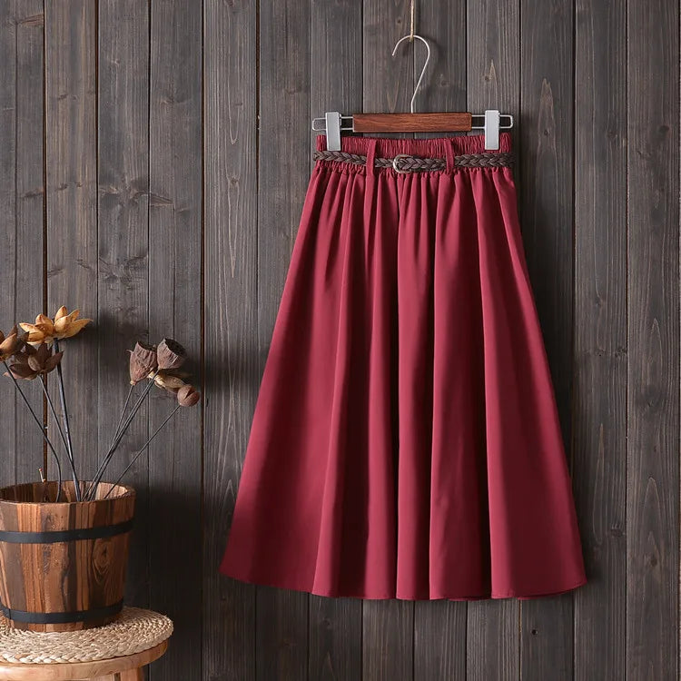 Midi Knee Length Summer Skirt Women With BeltFashion Korean Ladies High Waist Pleated A-line School Skirt Female