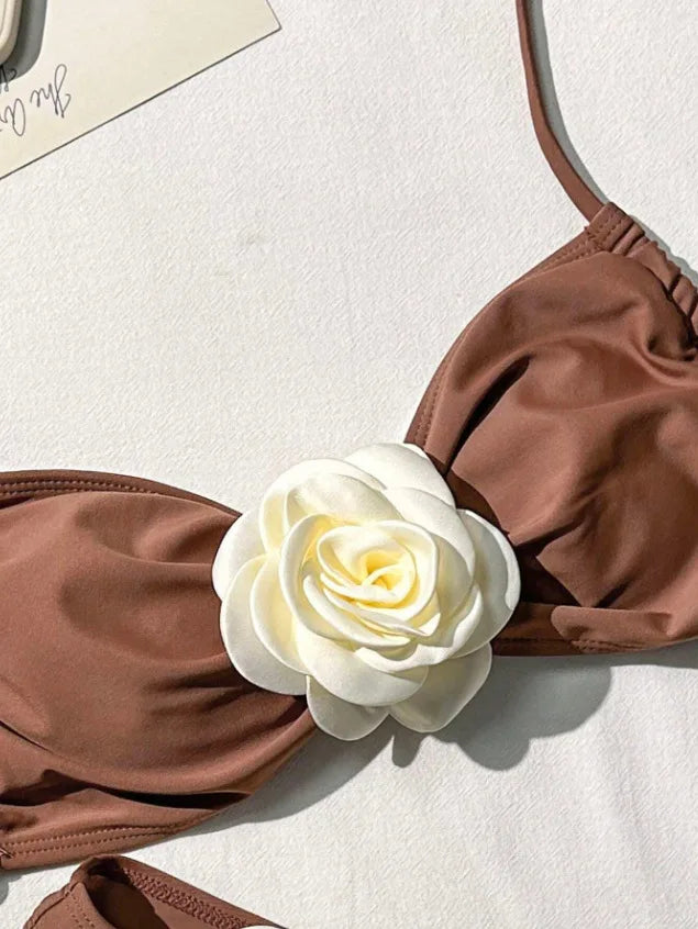 Sexy 3D Flower Patchwork Swimwear Thong Bikini 2024 Women Lace-up Swimsuit Halter Drawstring Swimming Bathing Suit Biquini Mujer