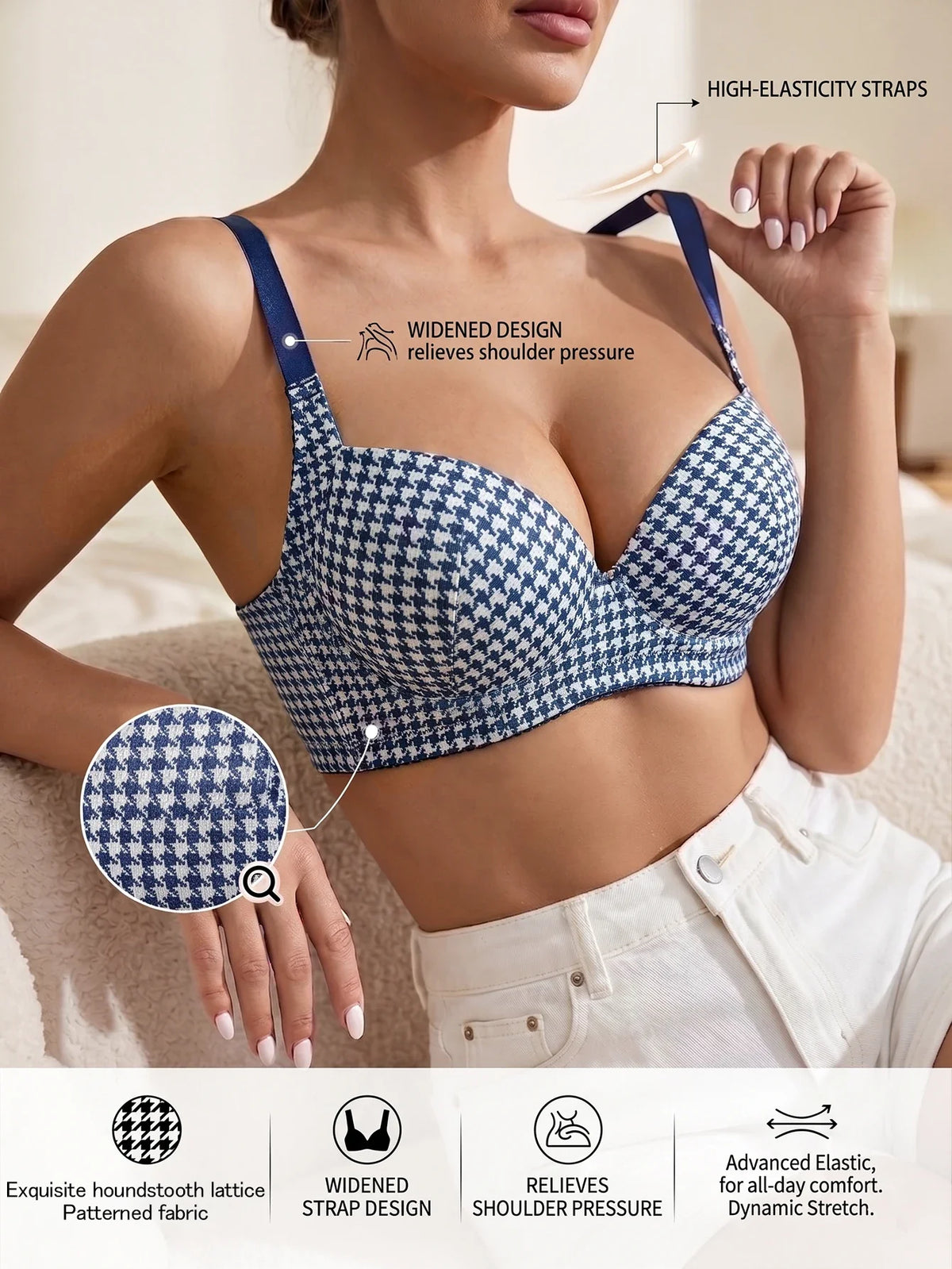 Women's Houndstooth Print Push-Up Bra Wide Elastic Straps Underwear Underwire Side Smoothing & Supportive Bra Women