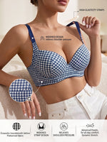 Women's Houndstooth Print Push-Up Bra Wide Elastic Straps Underwear Underwire Side Smoothing & Supportive Bra Women