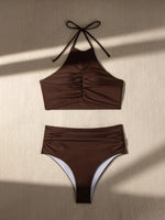 2026 Halter Wrinkled High Neck Female Swimsuit High Waist Bikini Women Swimwear Two-pieces Bikini set Bather Bathing Suit Swim