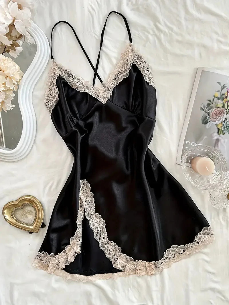 Sexy Pajamas Women's Lace Suspender Nightdress Silk Thin Dress Lingerie Women Nightgowns Sexy Solid Nightwear Summer Loungewear