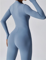 Half zip integrated long yoga jumpsuit solid color sexy long sleeved integrated sportswear for women