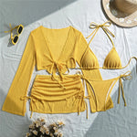 Beige Mesh Halter String Triangle Micro Thong Bikinis Sets 4 Pieces Long Sleeve Cover Ups Sexy Swimsuit Women Holiday Swimwear