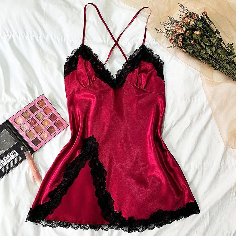 Sexy Pajamas Women's Lace Suspender Nightdress Silk Thin Dress Lingerie Women Nightgowns Sexy Solid Nightwear Summer Loungewear